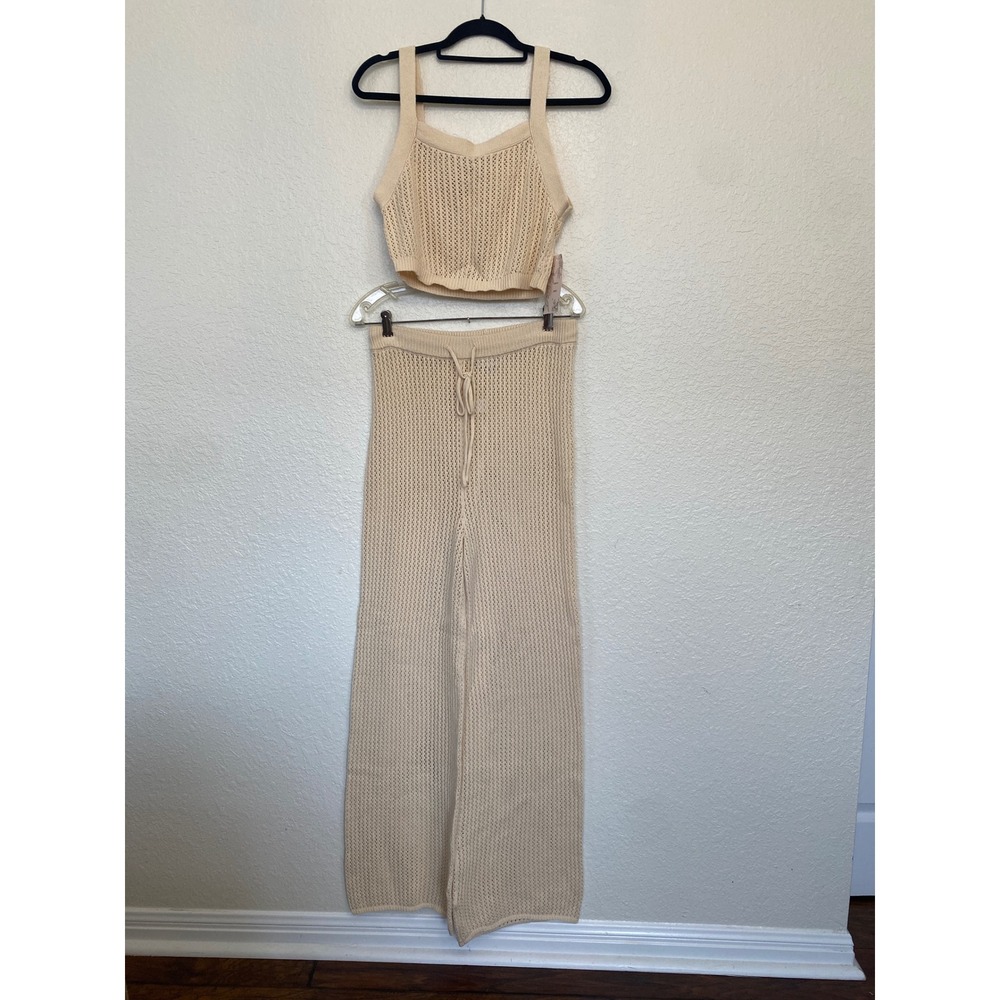 NWT Willow & Wind Cropped Tank Top & Pants Crochet Set‎ Women's L Beige